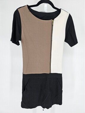 Promod Womens Sz M Above Knee Color Block Mod Dress Black White Beige